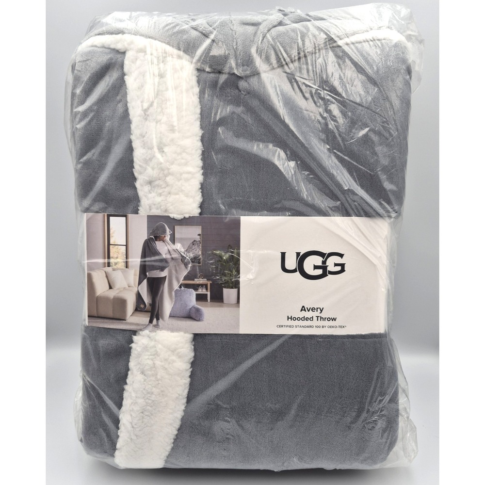 NEW UGG Avery Plush & Sherpa Hooded Throw Blanket With Pockets in Grey 50" x 60"